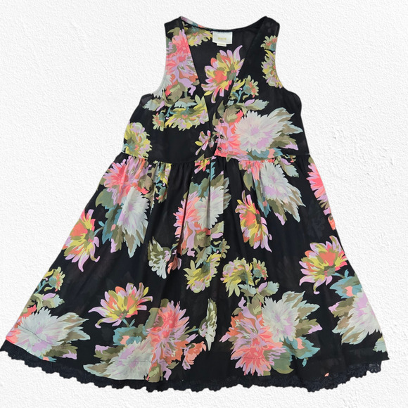 Maeve Anthropologie Black Floral V Neck Fit & Flare Semi Sheer Dress Size Small - Picture 1 of 9